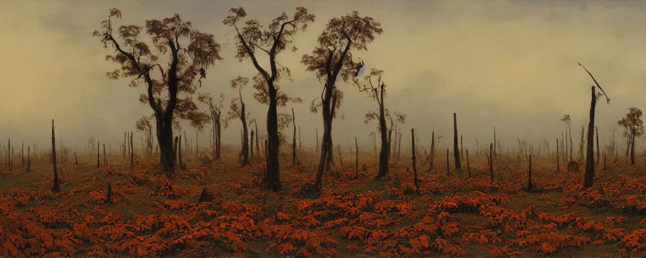 Prompt: a large pumpkin patch vines surrounded by dead trees spooky fog shrouded landscape, fall, matte painting, by Isaac Levitan and Vasily Perov