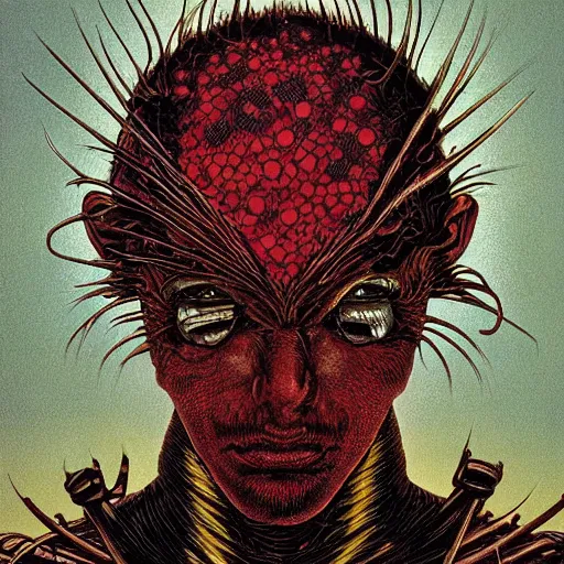 Prompt: portrait of crazy black fly man, symmetrical, by yoichi hatakenaka, masamune shirow, josan gonzales and dan mumford, ayami kojima, takato yamamoto, barclay shaw, karol bak