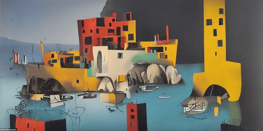 Prompt: abstract brutalist houses in amalfi coast by yves tanguy, antonio gaudi and vermeer, dramatic lighting, analogous complementary colour scheme, vivid colours