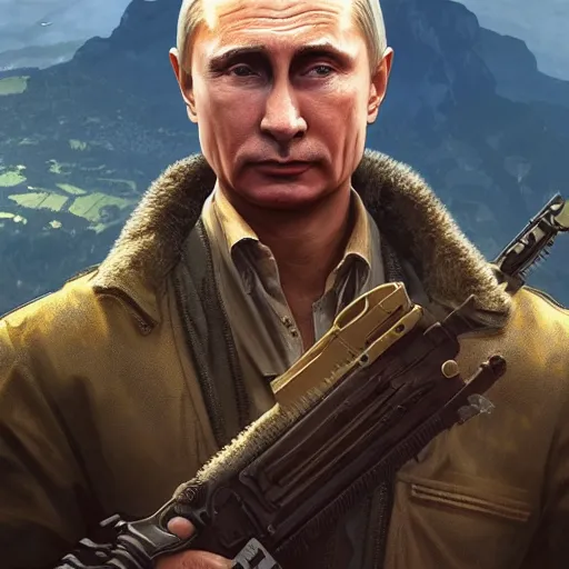 Image similar to Vladimir Putin as General Di Ravello character from Just Cause 3, western, D&D, fantasy, intricate, elegant, highly detailed, digital painting, artstation, concept art, matte, sharp focus, illustration, art by Artgerm and Greg Rutkowski and Alphonse Mucha