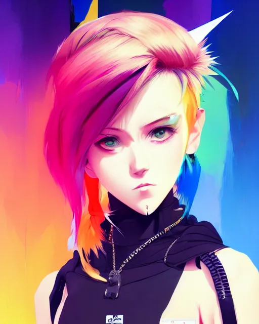 Image similar to poster woman with futuristic streetwear and spiky hair, colourful, pretty face, intricate eyes, elegant, Anime by Kuvshinov Ilya, Cushart Krentz and Gilleard James, 4k, HDR, Behance Trending on artstation, award winning