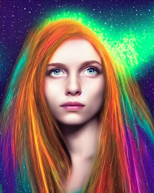 Prompt: detailed portrait young girl with the hair as an aurora borealis, fine details, realistic shaded