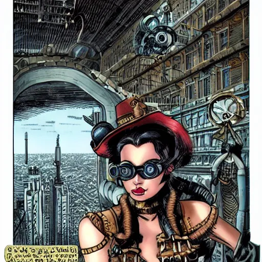 Prompt: a hot-woman wearing steampunk glasses looking at a steampunk big city while airships cross the sky, art by renato rei, as seen in Senescope Entertaiment Comics