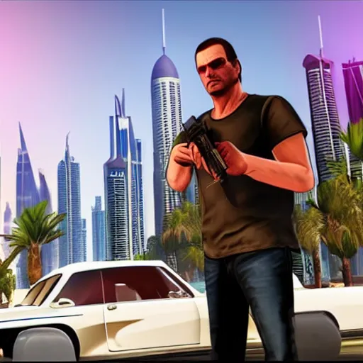 Prompt: promotional screenshot of grand theft auto videogame set in dubai