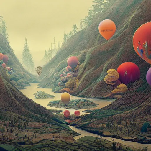 Prompt: landscape with forest, river and mountains made of all kinds of baloons , concept art, huge scale, high detail, sci fi by James Jean