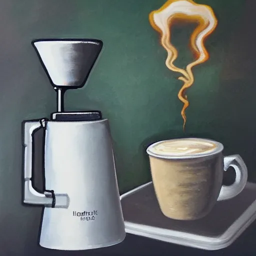 Image similar to a painting of haunted espresso machine that makes coffee from human souls