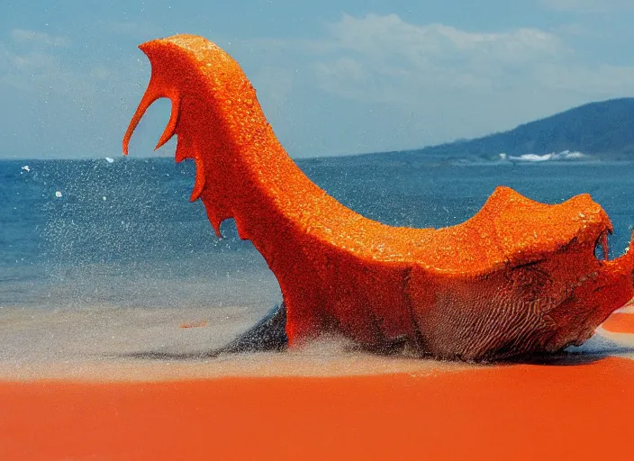 Prompt: an aquatic monster comes out of the sea to die on the orange sand by hagan robert