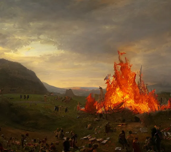 Image similar to landscape portrait of a an immense funeral pyre, with large green dollar bills in it, by william sidney mount, trending on artstation