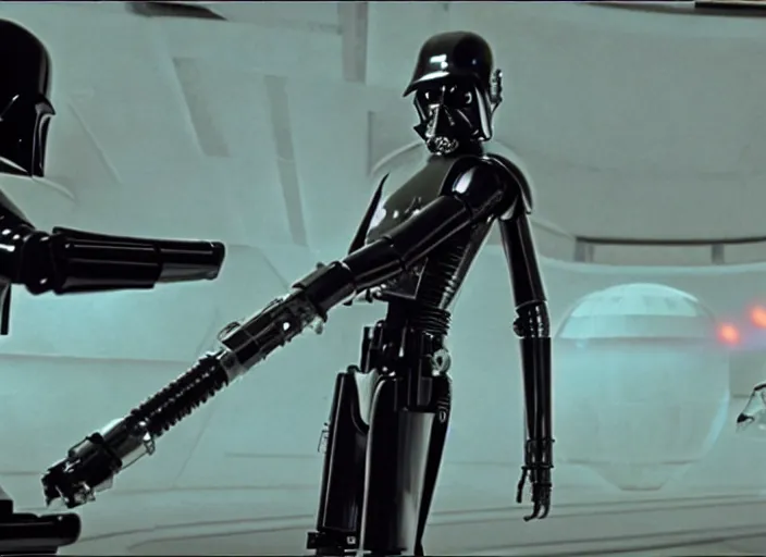 Prompt: screenshot from the lost star wars film, shiny, jedi sithtrooper droid with lightsaber arms, iconic scene from the lost Star Wars film, Shadows Of the Empire, 1990 directed by Stanely Kubrick, lens flare, moody cinematography, with anamorphic lenses, crisp, detailed, 4k