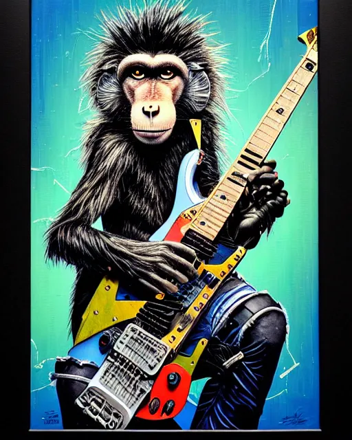 Image similar to a portrait of an anthropomorphic cyberpunk baboon shredding an electric guitar by sandra chevrier, by jon foster, detailed render, tape deck, epic composition, cybernetics, 4 k realistic, cryengine, realistic shaded lighting, sharp focus, masterpiece, by enki bilal