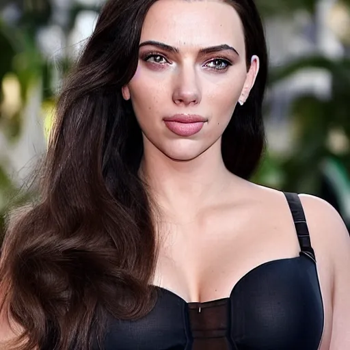 Image similar to a woman who is a genetic combination of kim kardashian and kat dennings and scarlett johansson and margot robbie and emma watson, face and upper - body focus, detailed eyes