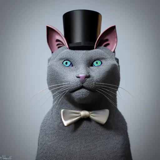 Image similar to a Russian Blue cat with amber eyes wearing a top hat, intricate detail, 3d render, octane render, god rays, depth of field, trending on artstation, 4k, hd