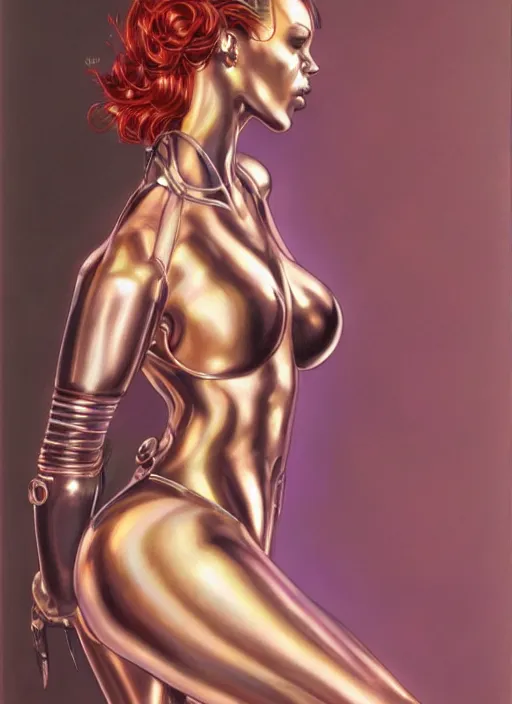 Image similar to beautiful female chrome robo, portrait by hagime sorayama and gerald brom, colorul, extreme detail, reflections, trending on artstation, 8 k