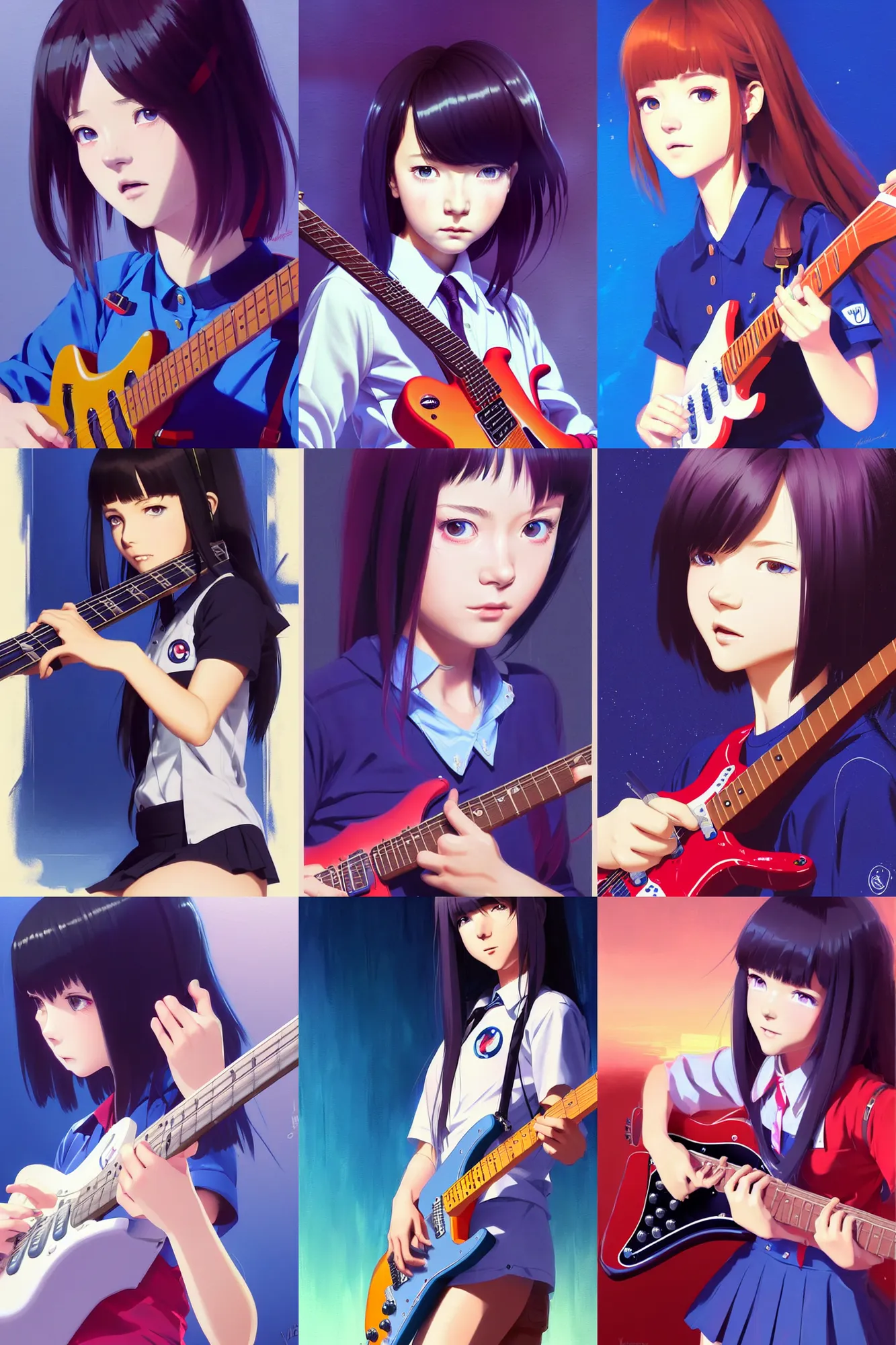 Prompt: a cute girl wearing school uniform playing electric guitar | | really good looking face!!, realistic shaded perfect face, fine details, anime, realistic shaded lighting poster by ilya kuvshinov katsuhiro otomo ghost - in - the - shell, magali villeneuve, artgerm, jeremy lipkin and michael garmash and rob reyt