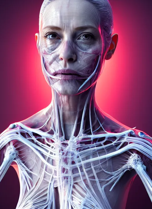 Image similar to 3 / 4 portrait, queen emma with transparent skin, visible muscle and bones and veins and nerves, hyperrealism, detailed textures, photorealistic 3 d cyberpunk hong kong city, futuristic clothing,, ultra realistic, cinematic, intricate, cinematic light, unreal engine 8 k, octane render, unreal engine by david kostic and stanley lau and artgerm