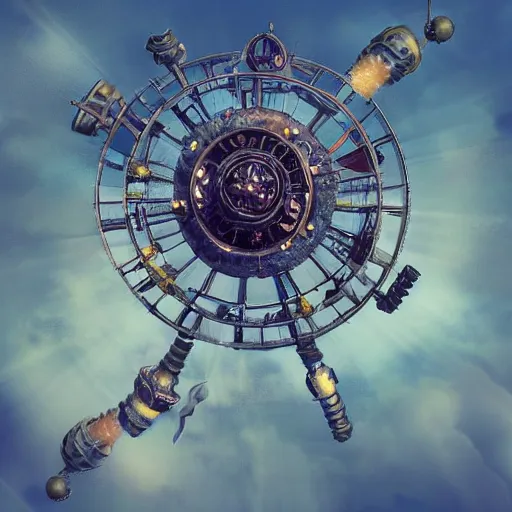 Image similar to flying city in a mechanical flower, sky, symmetry, fantasy art, steampunk, masterpiece, octane