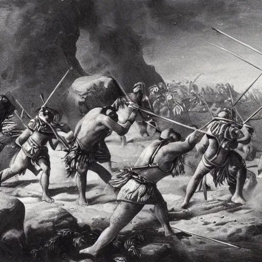 Prompt: war of natives with spears and rocks