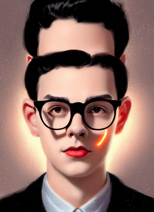 Prompt: portrait of young dilton doiley, black hair, round glasses, 1 9 5 0 s, intricate, elegant, glowing lights, highly detailed, digital painting, artstation, concept art, smooth, sharp focus, illustration, art by wlop, mars ravelo and greg rutkowski