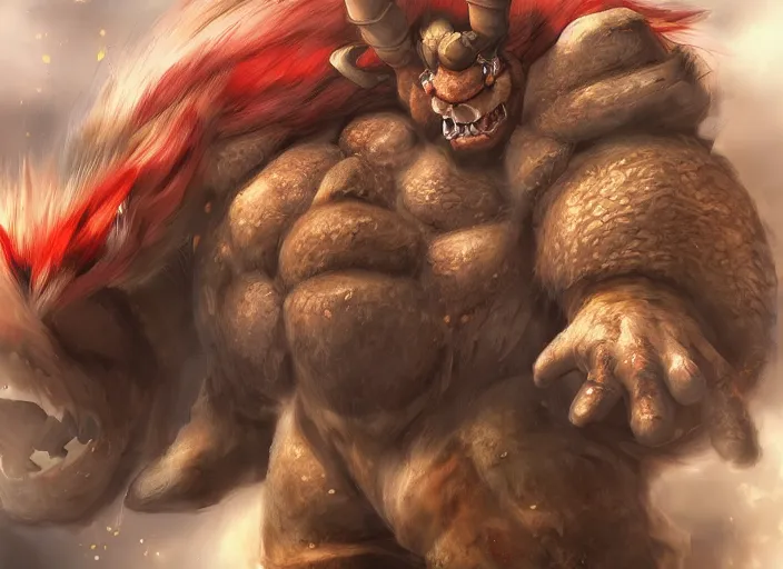 Prompt: detailed concept art of a huge giant bowser by cheng yi and luolin, aartstation, artstationhd, detailed scales, spiky and red hair tuft. bowser, bowser nintendo, koopa, ~ bowser # bowser ( ( mario ) ) bcy. net, realistic. cheng yi