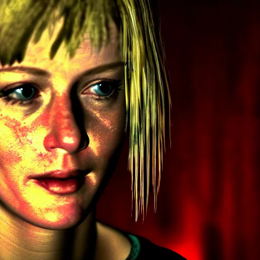 Prompt: close up portrait of heather mason in silent hill 3, on stage at heaven's night nightclub, 8 k, realistic,