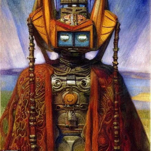 Prompt: the little robot queen in her regalia, by annie swynnerton and alayna danner and diego rivera and elihu vedder, symbolist, dramatic lighting, elaborate geometric ornament, smooth, sharp focus, extremely detailed, adolf wolfli, soft pastel colors