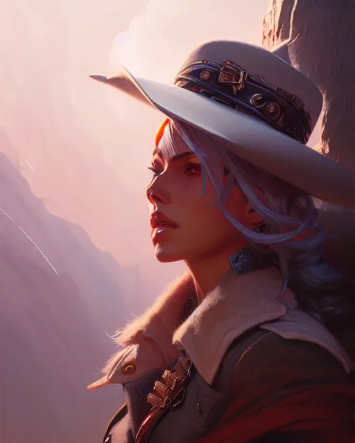 Image similar to ashe from overwatch, cowgirl, character portrait, portrait, close up, concept art, intricate details, highly detailed by greg rutkowski, michael whelan and gustave dore