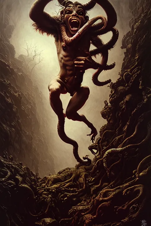 Image similar to satyr jumping and screaming by anna podedworna, ayami kojima, greg rutkowski, giger, maxim verehin