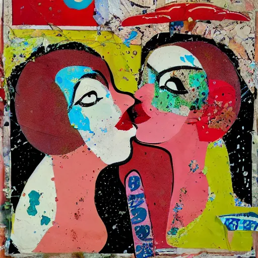 Image similar to two women kissing at a carnival, mixed media collage, retro, paper collage, magazine collage, acrylic paint splatters, bauhaus, abstract claymation, layered paper art, sapphic visual poetry expressing the utmost of desires by jackson pollock