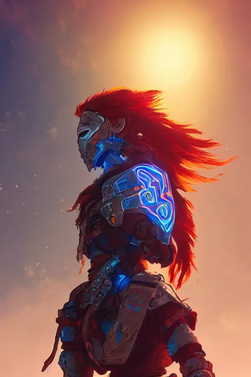 Image similar to combination suit armor aloy horizon forbidden west horizon zero dawn radiating a glowing aura global illumination ray tracing hdr fanart arstation by ian pesty and alena aenami artworks in 4 k tribal robot ninja mask helmet backpack