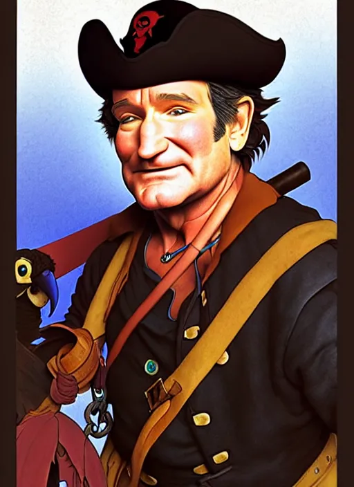 Prompt: robin williams as a pirate wearing black. parrot on his shoulder, on a pirate ship natural lighting, path traced, highly detailed, high quality, digital painting, by don bluth and ross tran and studio ghibli and alphonse mucha, artgerm