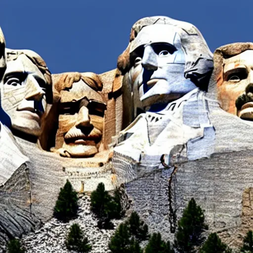 Prompt: a photo of mount rushmore after donald trump's face had been added. the photo depicts a distinguished - looking donald trump face carved into the stone at the mountain top