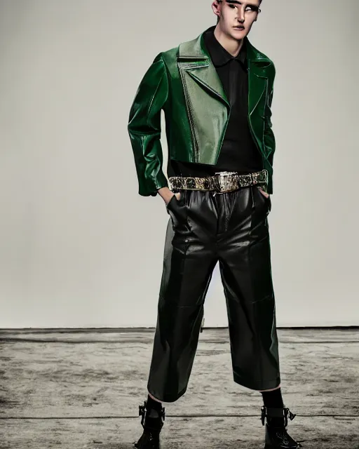 Image similar to a fashion editorial photo of a green extremely baggy cropped short ancient medieval designer menswear leather jacket with an oversized collar and baggy bootcut trousers designed by alexander mcqueen, 4 k, studio lighting, wide angle lens