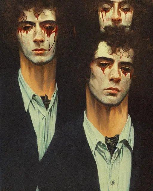 Prompt: two handsome but sinister young men wearing oxford shirts in layers of fear, with haunted eyes and wild hair, 1 9 7 0 s, seventies, wallpaper, a lot of blood, moonlight showing injuries, delicate embellishments, painterly, offset printing technique, by brom, robert henri, walter popp