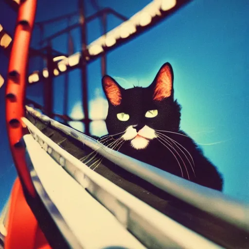 Image similar to black cat in a rollercoaster. the cat looks happy. sunlight. polaroid photo. saturated colors.