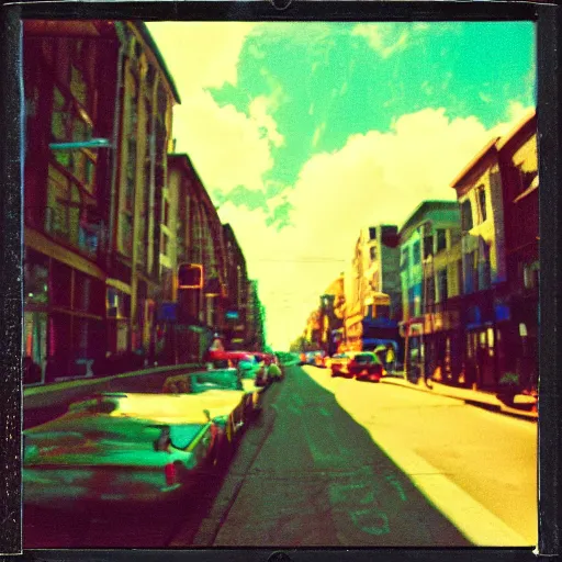 Image similar to colorful instant photograph of the middle of the street, polaroid, light leak, raw, nostalgic, daylight, blue sky, clouds