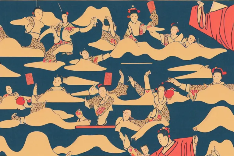 Image similar to techno house rave, people dancing hands up, ukiyo - e flat design