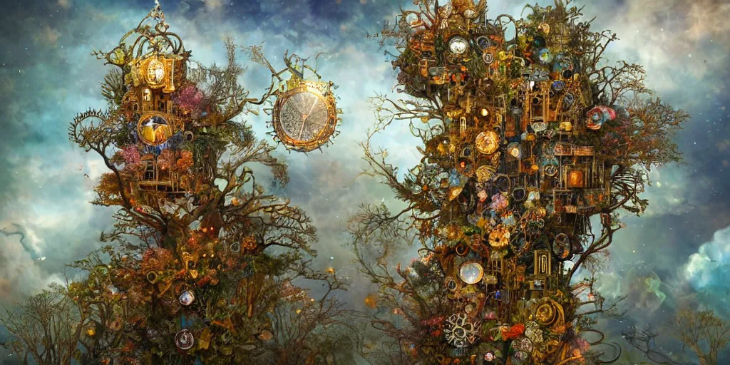 Prompt: the strange tree - top mansion of the sun goddesses made of clocks and time cogs, stained glass, kim keever, peter mohrbacher, fred tomaselli, victo ngai, roger dean, watercolor painting, glossy, glassy, reflective, translucent, conceptual, 2 d, octane render, trending on artstation