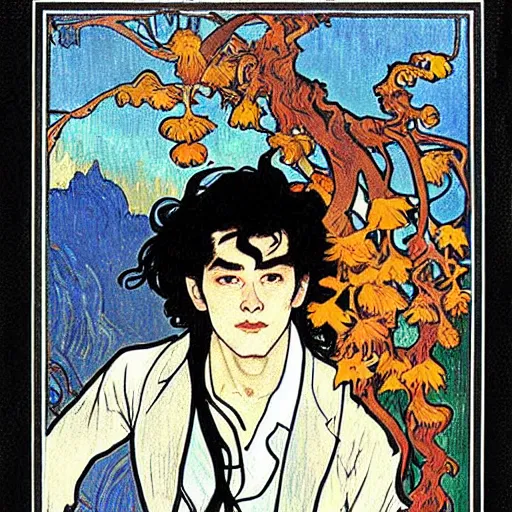 Image similar to painting of young cute handsome beautiful dark medium wavy hair man in his 2 0 s named shadow taehyung and cute handsome beautiful min - jun together at the halloween! party, bubbling cauldron!, candles!, smoke, autumn! colors, elegant, wearing suits!, delicate facial features, art by alphonse mucha, vincent van gogh, egon schiele