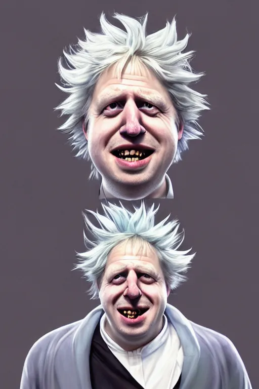 Prompt: Boris Johnson as a kind smiling Rick Sanchez from Rick and Morty, unibrow, white robe, big eyes, realistic portrait, symmetrical, highly detailed, digital painting, artstation, concept art, smooth, sharp focus, illustration, cinematic lighting, art by artgerm and greg rutkowski and alphonse mucha