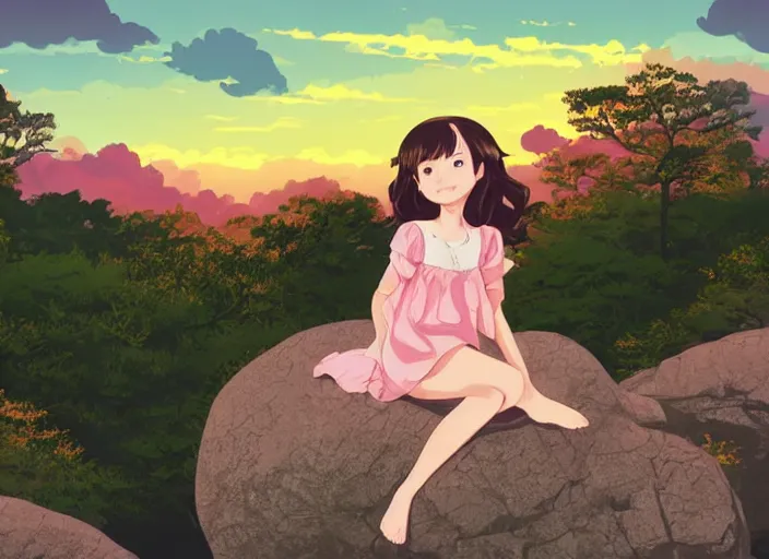 Image similar to a little girl with short wavy curly light brown hair sitting on a rock. background is a pink and blue sunrise sky. clean cel shaded vector art. shutterstock. behance hd by lois van baarle, artgerm, helen huang, by makoto shinkai and ilya kuvshinov, rossdraws, illustration, art by ilya kuvshinov