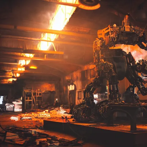 Prompt: head of toaster oven mecha, dark messy smoke - filled cluttered workshop, dark, dramatic lighting, orange tint, cinematic, highly detailed, sci - fi, futuristic, movie still