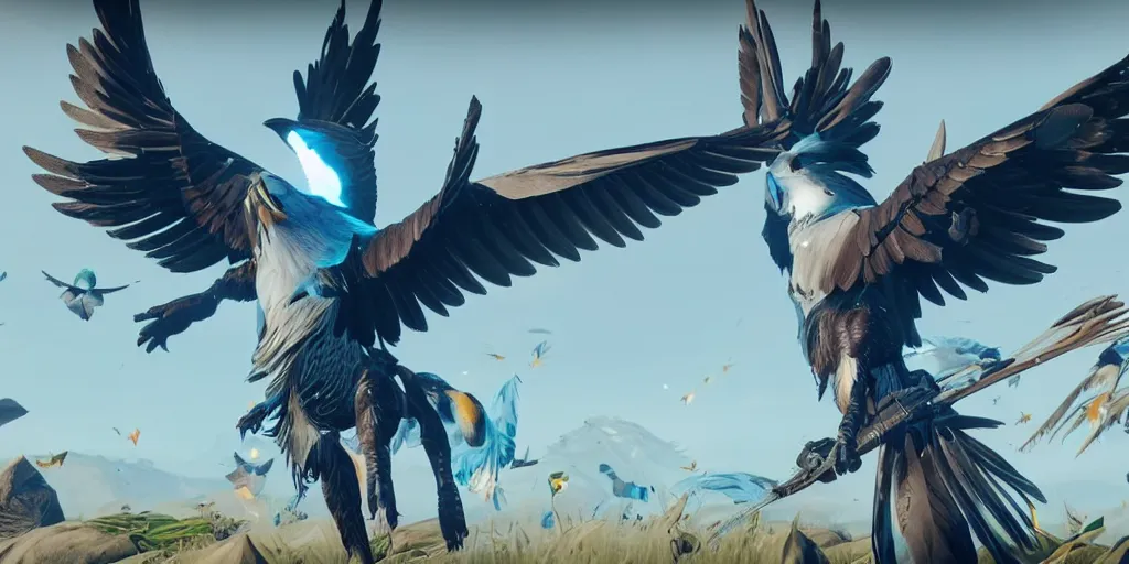 Prompt: avian inspired guardian class with large wings in destiny 2, beautiful feathers, claws and beak armor, highly detailed 4 k 6 0 fps in - game destiny 2 screenshot leak