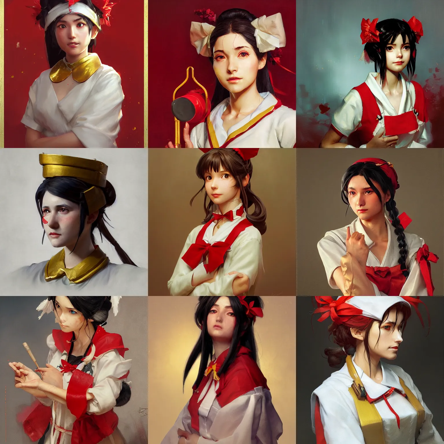 Prompt: a portrait painting of reimu hakurei, by greg rutkowski and norman rockwell, marble, gold, unreal engine 5