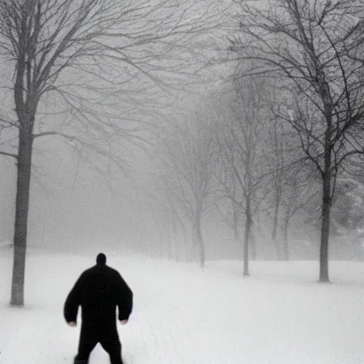 Image similar to eerie photograph of a man sleepwalking during a blizzard, 6 0 mm film