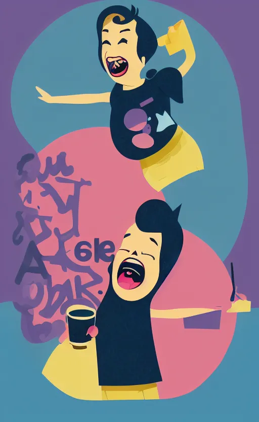 Image similar to illustration with a woman laughing out loud, standup, comedy, joke, painting by tom whalen, funny meme photo, trending on behance, digital illustration, storybook illustration, grainy texture, flat shading, vector art, airbrush, pastel, watercolor, poster