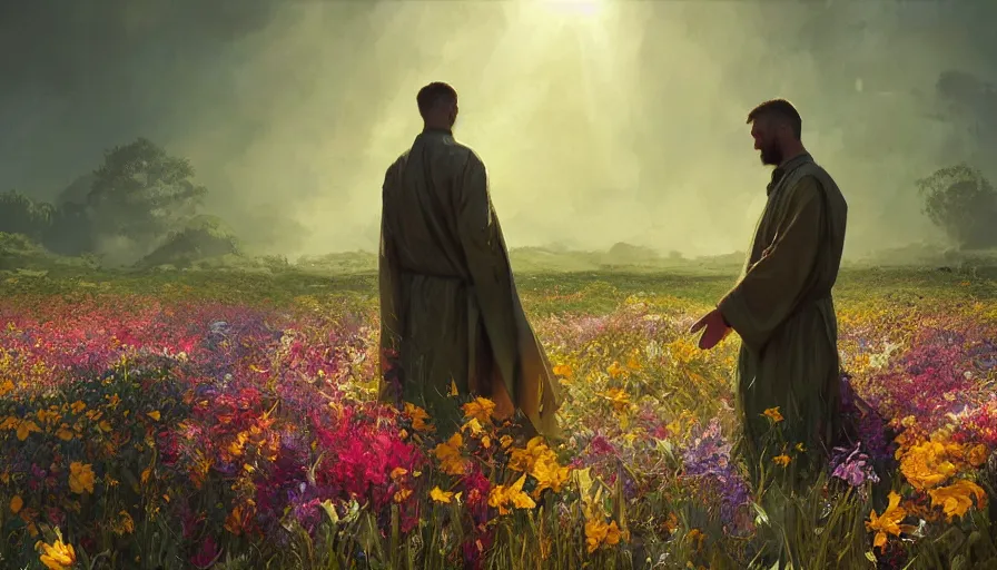 Prompt: craig mullins digital illustration of a man in robes kneels and prays in a field of flowers, the sun's holy light shines down upon him, colorful, solarpunk, unreal engine, hyper realism, realistic shading, cinematic composition, realistic render, octane render, detailed textures, photorealistic, wide shot