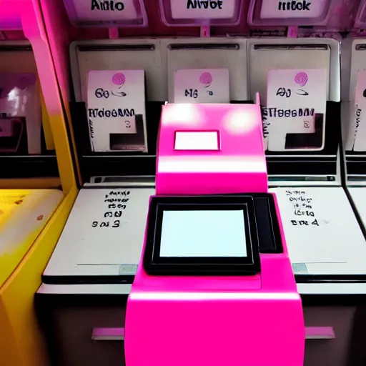 Prompt: a wide angle filmic polaroid photo of pale pink tickets printing from a ticket machine in an outdoor arcade. with symbols, airline data that read “ to the metaverse ” in bold red text, alien ar code and e - ink display, highly detailed, no noise, coherent text english characters