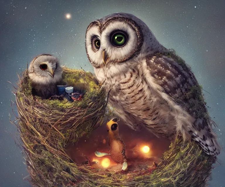 Image similar to long shot of a very cute owl chick nesting in a very futuristic cup, esao andrews, humorous illustration, hyperrealistic, big depth of field, warm colors, night scenery, low light, 3 d octane render, 4 k, conceptart, hyperdetailed, hyperrealistic, trending on artstation