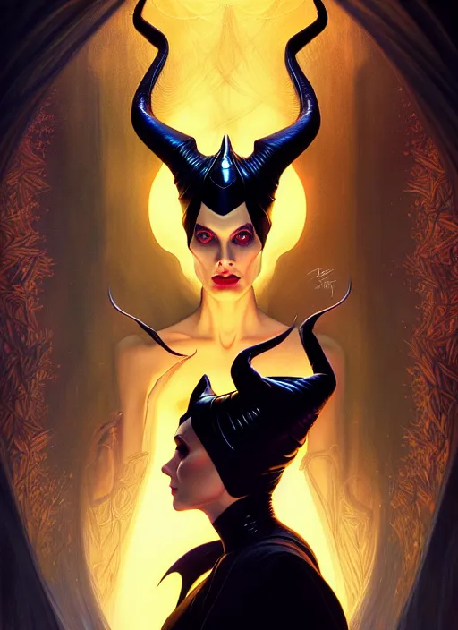 Image similar to symmetry portrait of maleficent, glowing lights, intricate, elegant, highly detailed, digital painting, artstation, concept art, smooth, sharp focus, illustration, art by artgerm and greg rutkowski and alphonse mucha