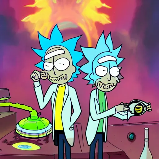 Image similar to rick sanchez and morty smith from rick and morty brewing a potion in space, amazing digital art, highly detailed